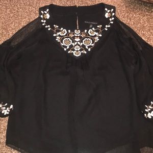 WHBM- Black embroidered lined cold shoulder top.